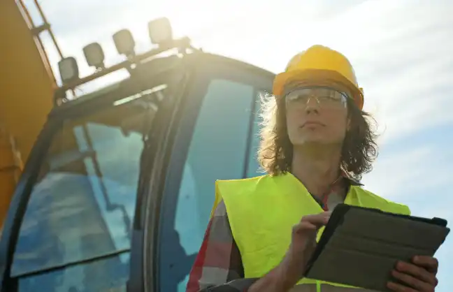 A mining export engineer conducts a risk assessment on his tablet with a mining truck in the background