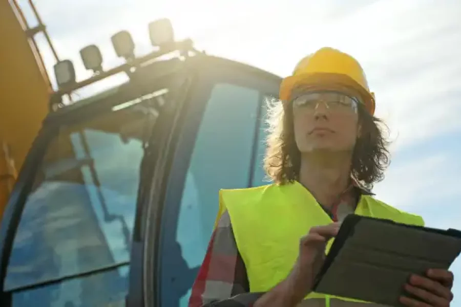 A mining export engineer conducts a risk assessment on his tablet with a mining truck in the background